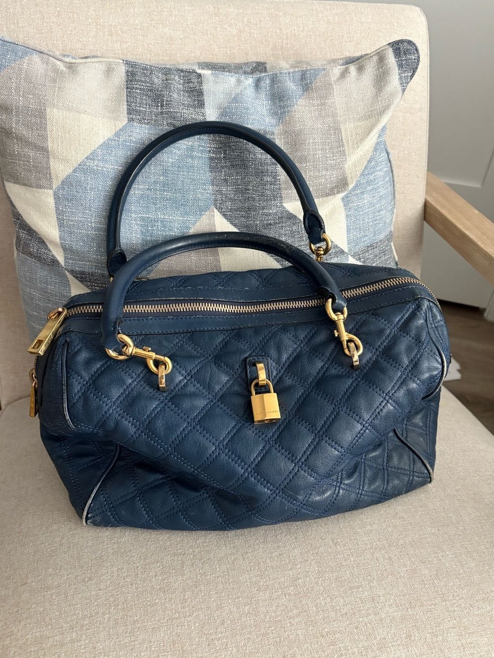 Vintage Marc Jacobs Quilted Navy Leather Satchel with Matching Wallet - Blue